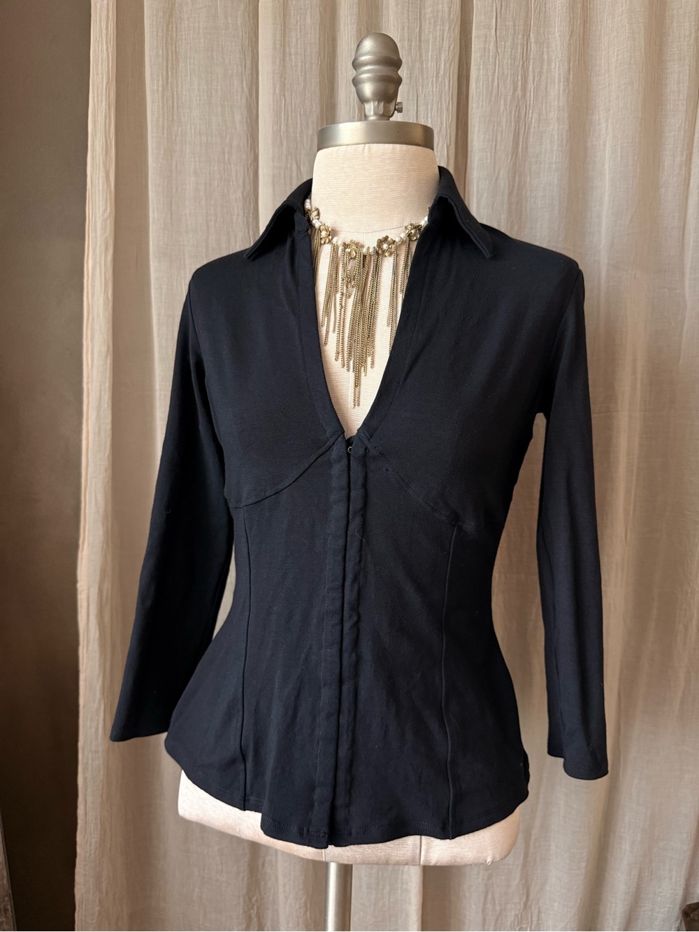Rare Cache Vintage y2k black v neck long-sleeve fitted collared corset shirt